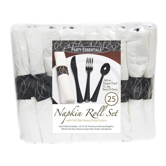 Party Essentials Napkin Roll Bag Set with Black Cutlery 4 - 25 of 100 ct. total