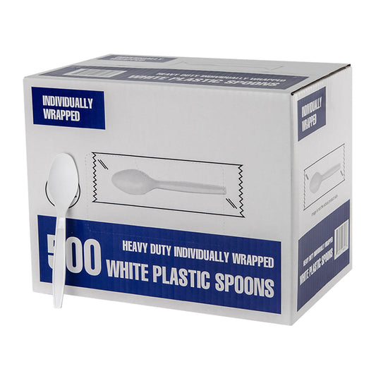 Individually Wrapped Plastic Spoons, White (500 Pieces)