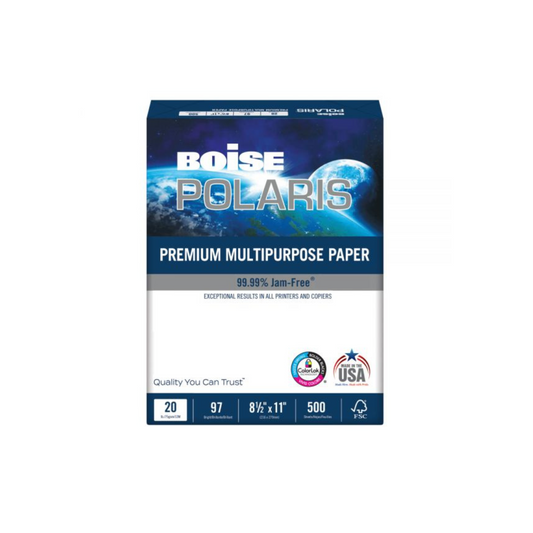 Boise POLARIS Premium Multi-Use Print & Copy Paper, Letter Size 8 1/2" x 11", 92 Brightness, 20 Lb, FSC Certified, White, Ream Of 500 Sheets