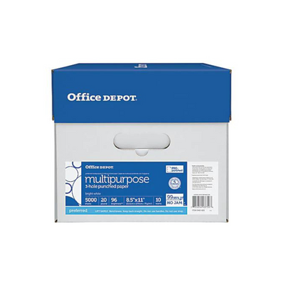 Office Depot Brand 3-Hole Punched Multi-Use Print & Copy Paper, Letter Size 8 1/2" x 11", 96 Brightness, 20 Lb, White, 500 Sheets Per Ream, Case Of 10 Reams