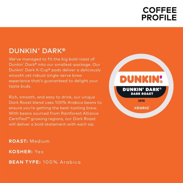 Dunkin' Donuts Single-Serve Coffee K-Cups, Dark Roast, Carton Of 4 88 K-Cups.