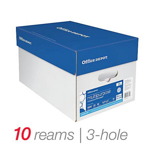 Office Depot Brand 3-Hole Punched Multi-Use Print & Copy Paper, Letter Size 8 1/2" x 11", 96 Brightness, 20 Lb, White, 500 Sheets Per Ream, Case Of 10 Reams