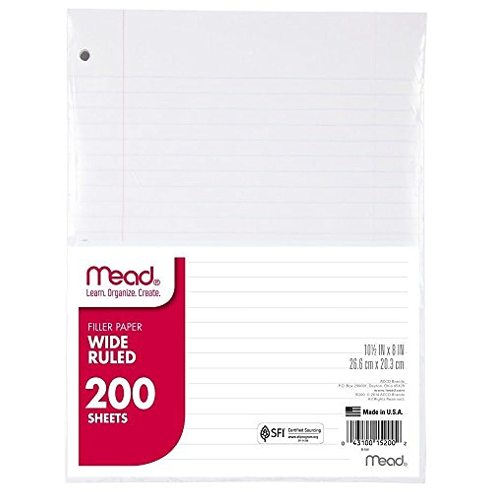 Mead Notebook Filler Paper, 3-Holes Punched, 8 x 10.5, Wide/Legal Rule, Pack Of 200 Sheets