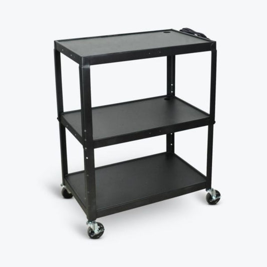 Extra-Large Adjustable-Height Steel AV Cart Three Shelves Black Electric