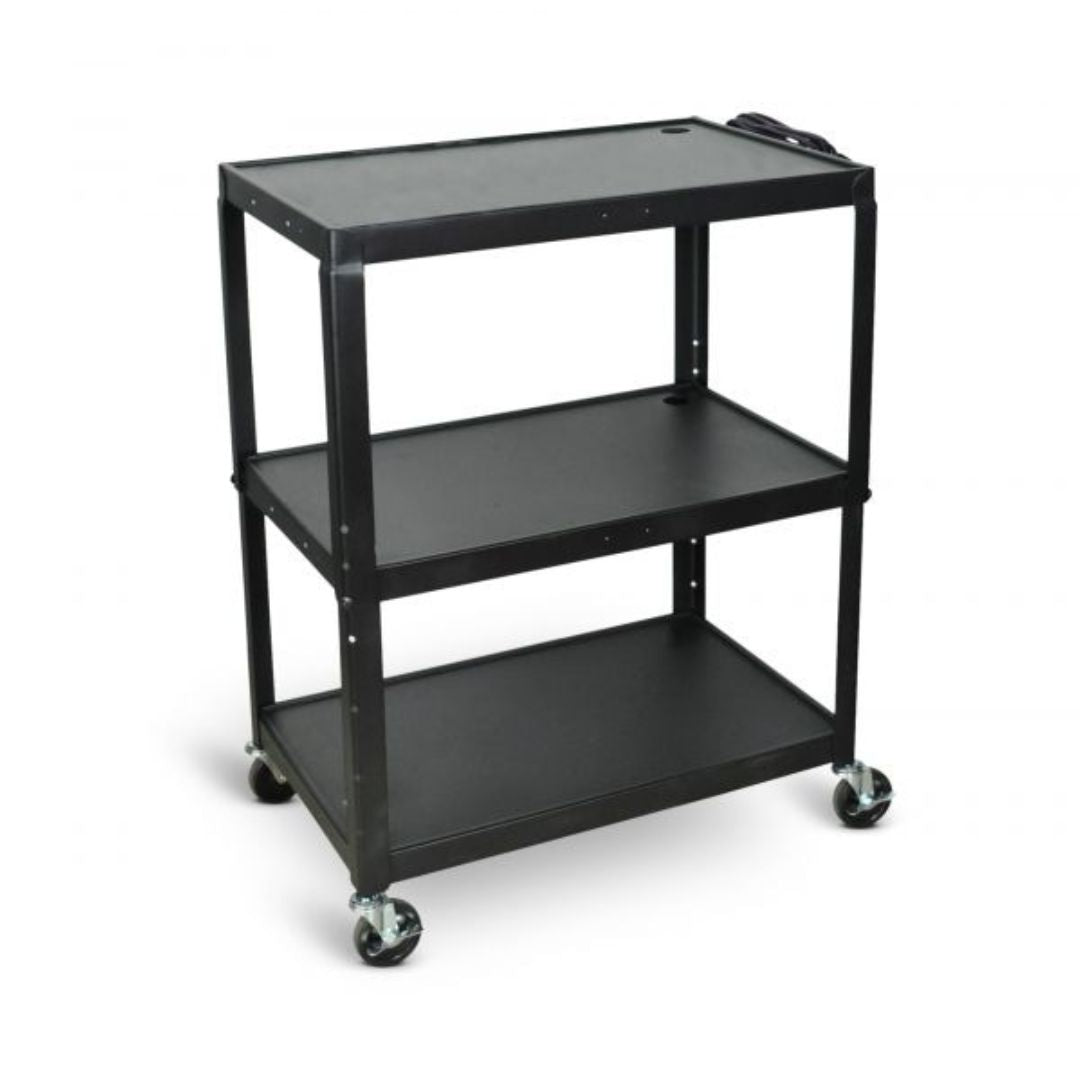 Extra-Large Adjustable-Height Steel AV Cart Three Shelves Black Electric