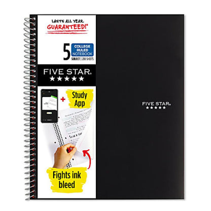 Five Star Wire-Bound Notebook, 8-1/2" x 11", 5 Subject, College Ruled, 200 Sheets, Black
