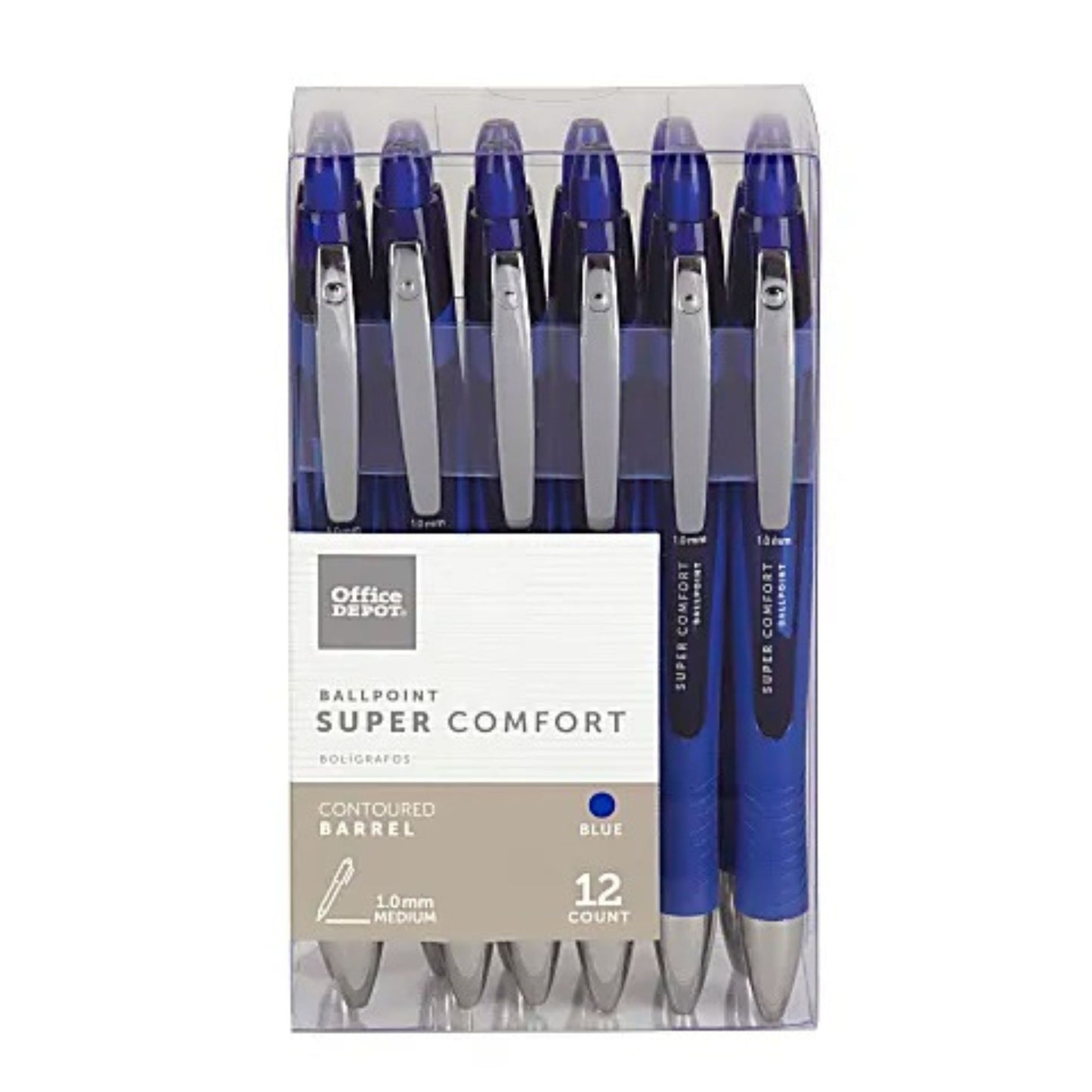 Office Depot Brand Super Comfort Grip Retractable Ballpoint Pen, Medium Point, 1.0 mm, Blue Barrel, Blue Ink, Pack Of 12