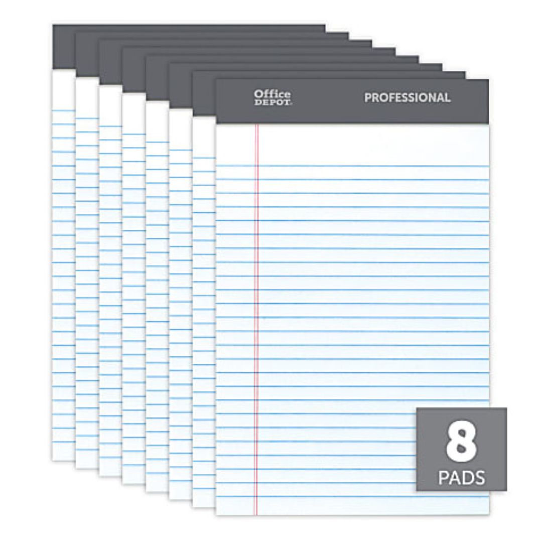 Office Depot Brand Professional Perforated Pads, 5" x 8", Narrow Ruled, 50 Sheets Per Pad, White, Pack Of 8 Pads