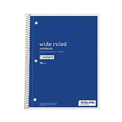 Just Basics Wirebound Notebook, 8" x 10 1/2", 1 Subject, Wide Ruled, 70 Sheets, Assorted Colors, Pack Of 6