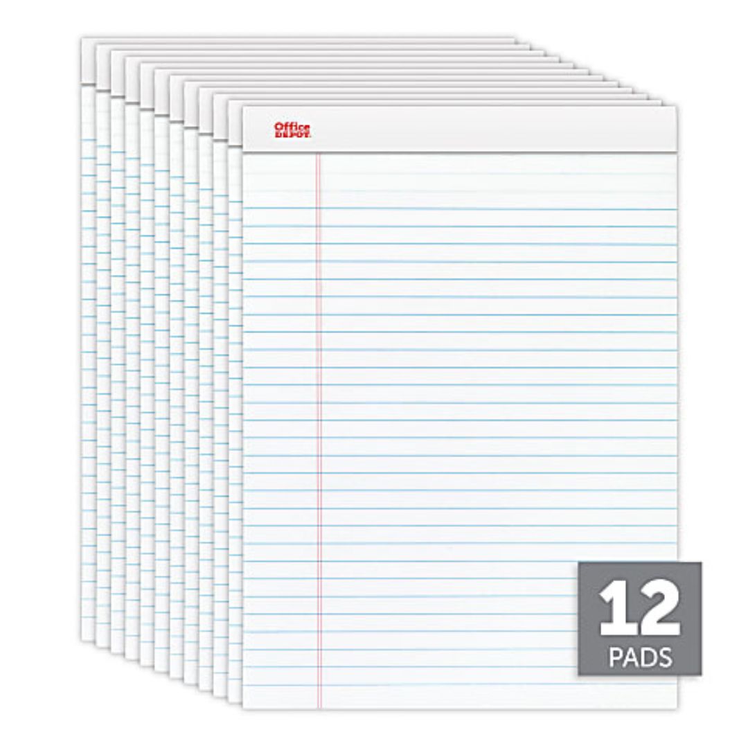 Office Depot Brand Perforated Writing Pads, 8-1/2" x 11-3/4", Legal Ruled, 50 Sheets, White, Pack Of 12 Pads
