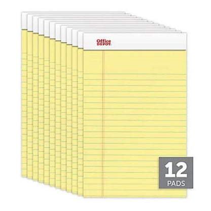 Office Depot Brand Perforated Writing Pads, 5" x 8", Narrow Ruled, 50 Sheets, Canary, Pack Of 12 Pads