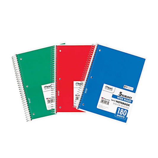 Mead Spiral Notebooks, 8" x 10-1/2", 5 Subject, Wide Ruled, 180 Sheets, Assorted Colors, Pack Of 3 Notebooks