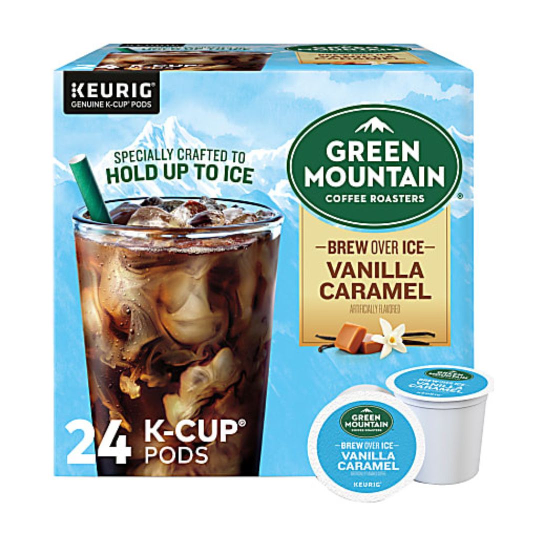 Green Mountain Coffee Single-Serve K-Cup Pods, Medium Roast, Brew Over Ice Vanilla Caramel, Box Of 24