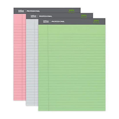 Office Depot Brand Professional Legal Pad, 8 1/2" x 11 3/4", Legal Ruled, 100 Pages (50 Sheets), Assorted Colors, Pack Of 3