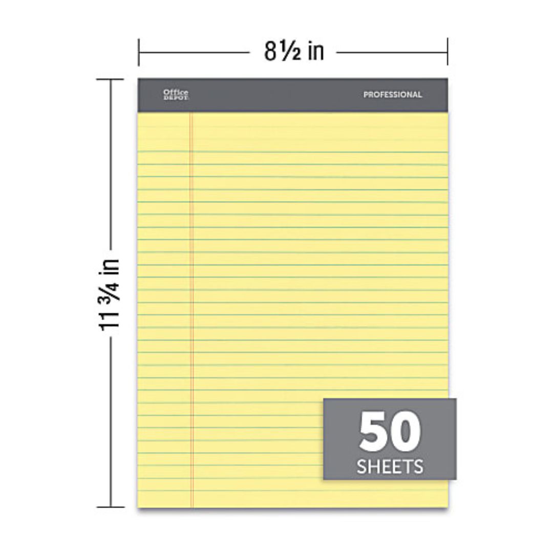 Office Depot Brand Professional Legal Pad, 8 1/2" x 11 3/4", Legal Ruled, 50 Sheets Per Pad, Canary, Pack Of 8 Pads