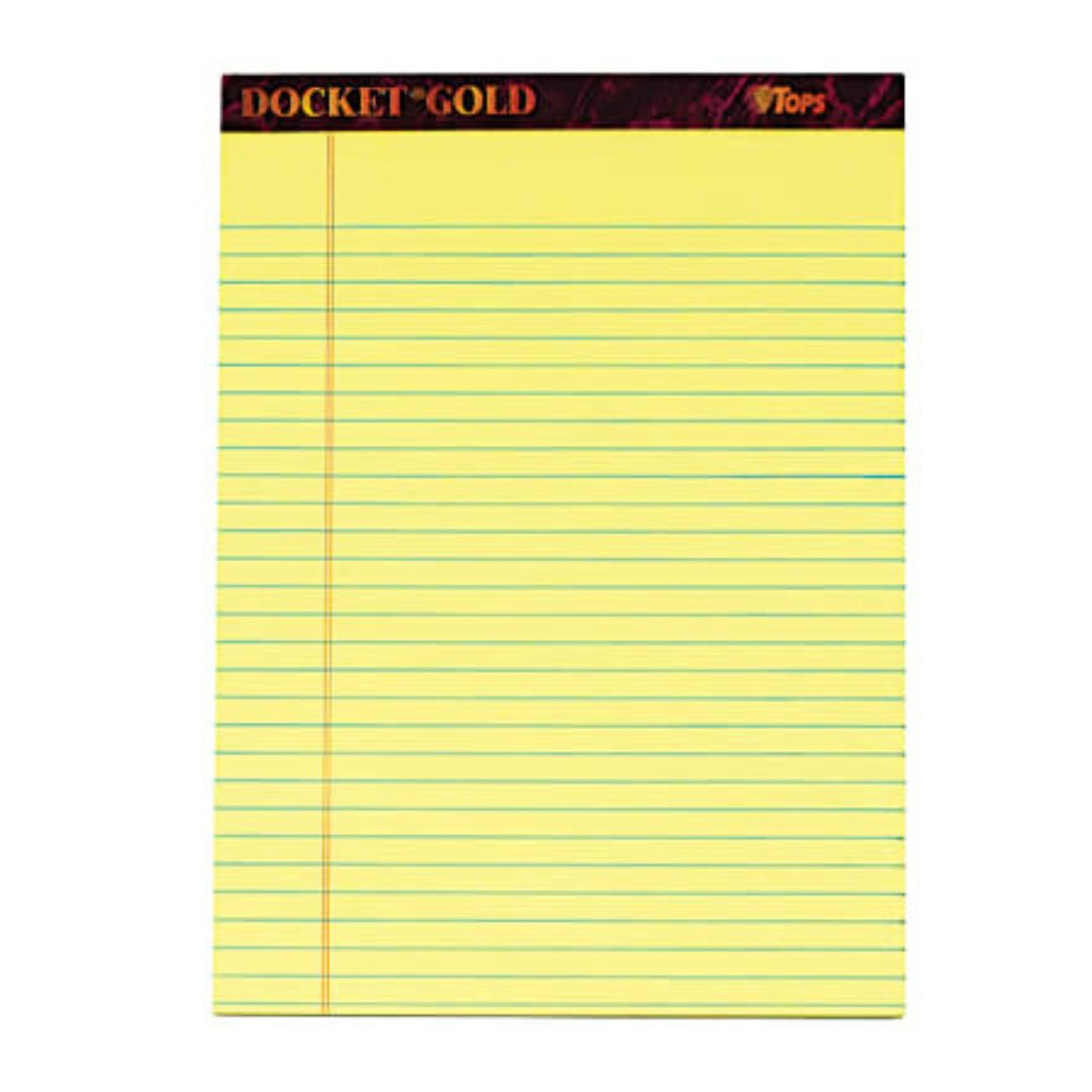 TOPS Docket Gold Premium Writing Pads, 8 1/2" x 11 3/4", Legal Ruled, 50 Sheets, Canary, Pack Of 6 Pads