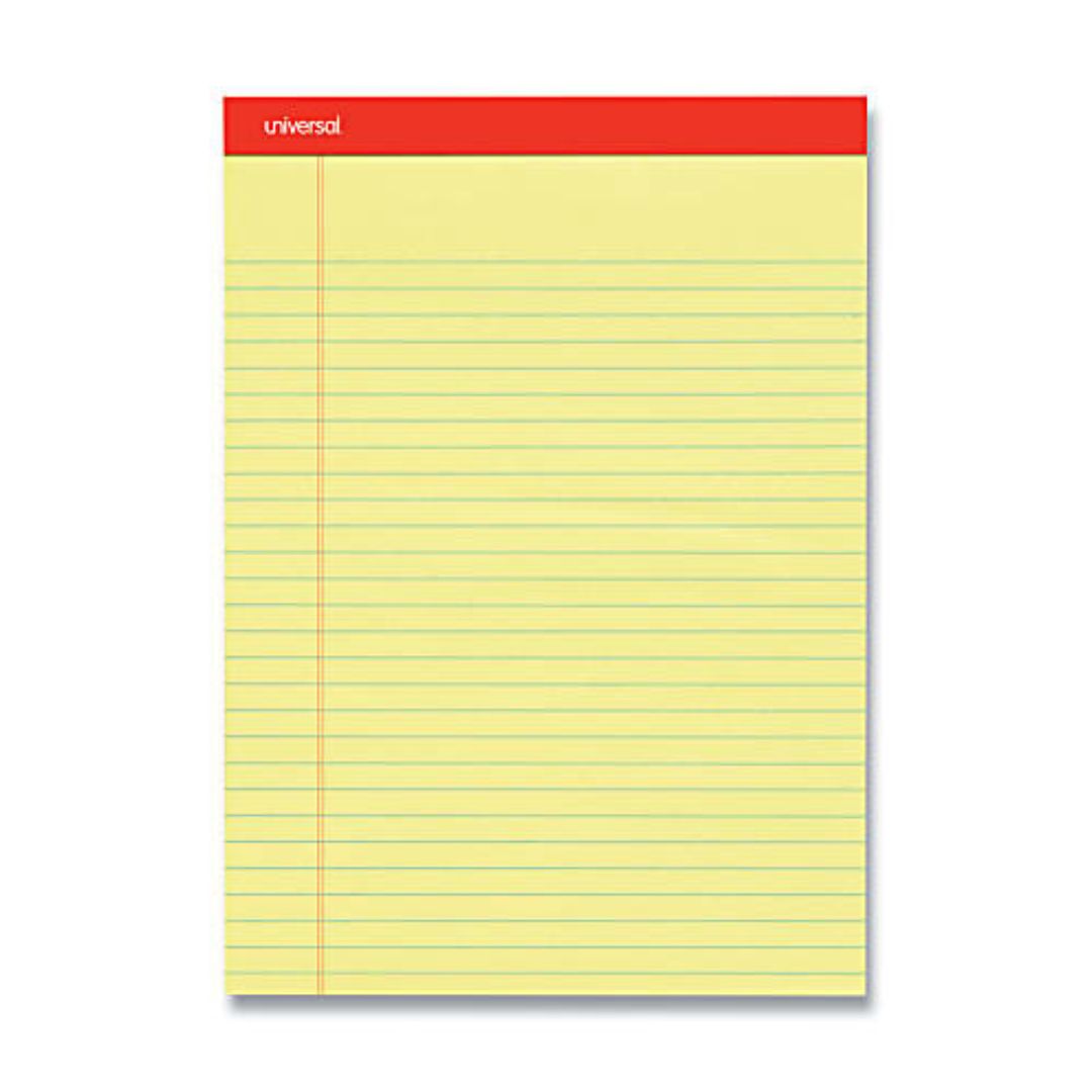 Universal Perforated Ruled Writing Pads, Wide/Legal Rule, 8-1/2" x 11-3/4", Canary Yellow, Pack Of 12 Pads