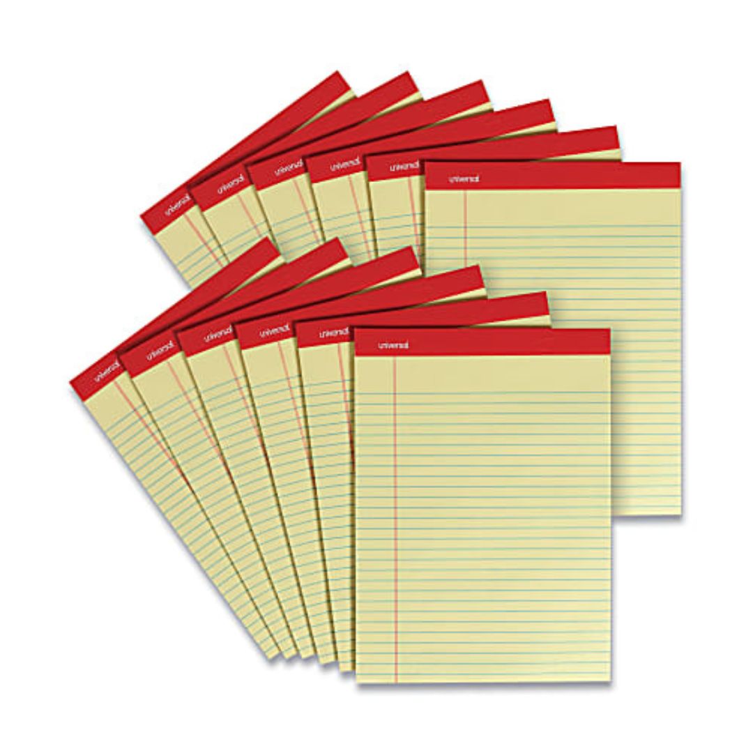 Universal Perforated Ruled Writing Pads, Wide/Legal Rule, 8-1/2" x 11-3/4", Canary Yellow, Pack Of 12 Pads