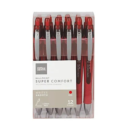 Office Depot Brand Super Comfort Grip Retractable Ballpoint Pens, Medium Point, 1.0 mm, Red Barrels, Red Ink, Pack Of 12