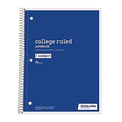 Just Basics Wirebound Notebook, 3-Hole Punched, 8" x 10 1/2", 1 Subject, College Ruled, 70 Sheets, Assorted Colors, Pack Of 6