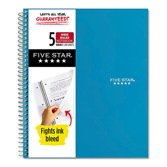 Five Star Wirebound Notebook, 8" x 10-1/2", 5 Subject, Wide Ruled, 200 Sheets, Tidewater Blue