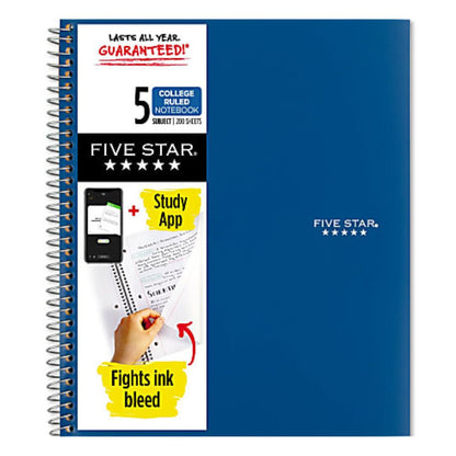 Five Star Wire-Bound Notebook, 8-1/2" x 11", 5 Subject, College Ruled, 200 Sheets, Pacific Blue