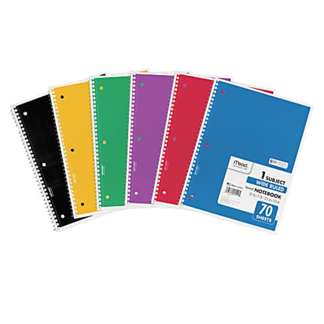 Mead Spiral Notebooks, 8-1/2" x 10-1/2", 1 Subject, Wide Ruled, 70 Sheets, Assorted Colors, Pack Of 6 Notebooks