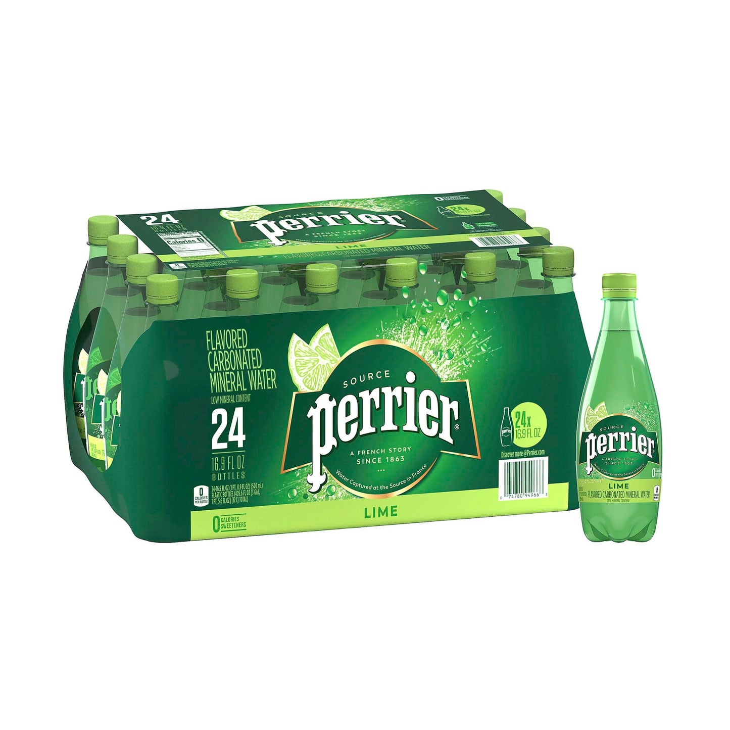 Perrier Sparkling Natural Mineral Water with Lime Flavor 16.9 Oz. Case Of 24 Plastic Bottles