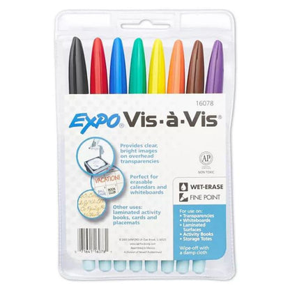 Expo Vis-à-Vis Wet-Erase Marker,  Assorted Colors, 8Pack