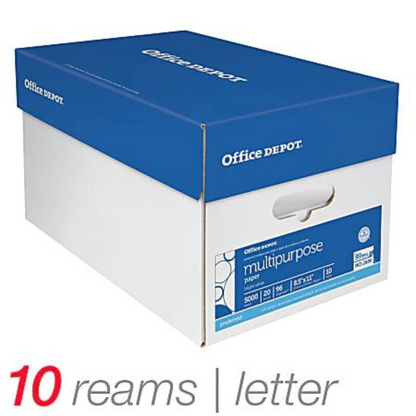 Office Depot Brand Multi-Use Print & Copy Paper, Letter Size 8 1/2" x 11", 96 Brightness, 20 Lb, White, 500 Sheets Per Ream, Case Of 10 Reams
