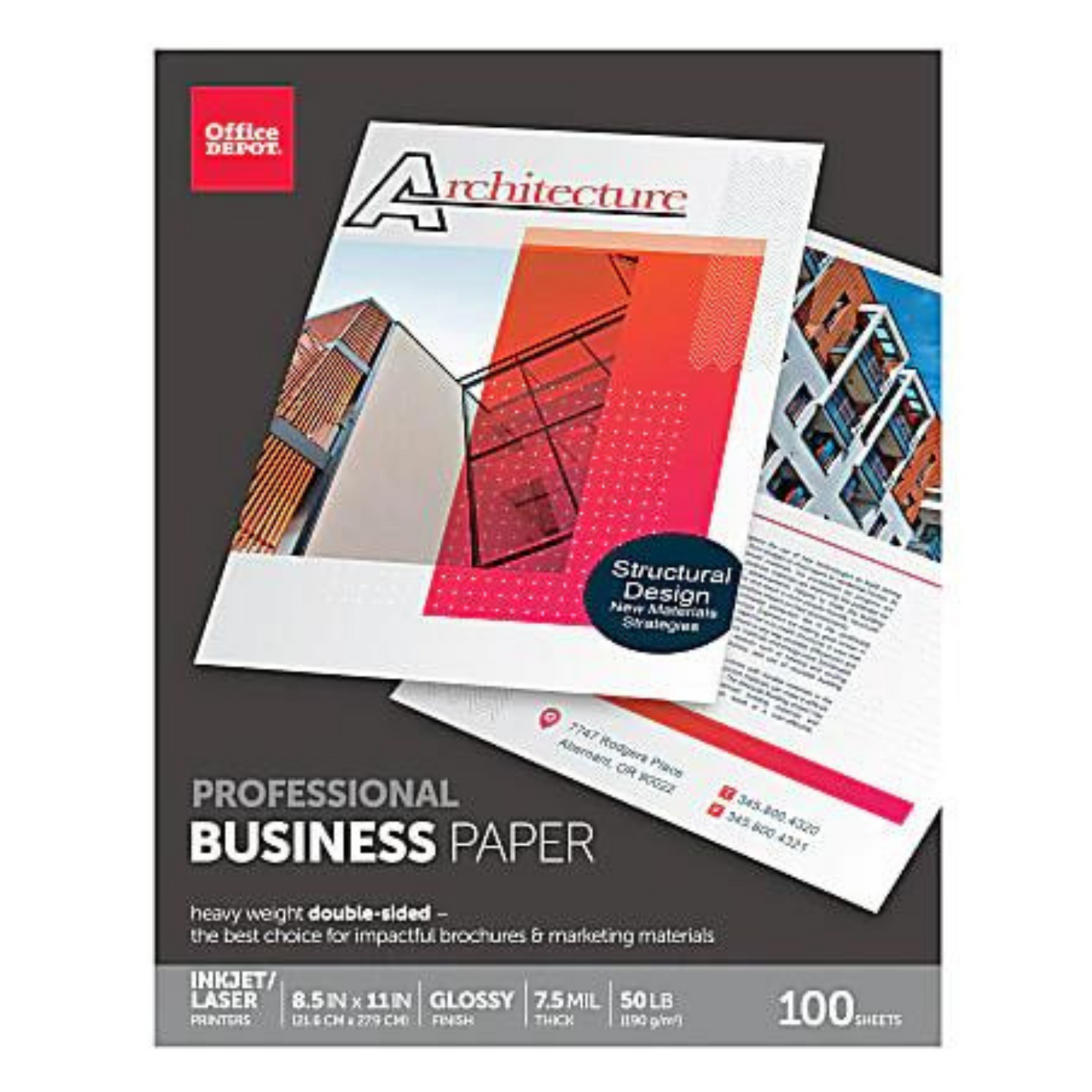 Office Depot Brand Professional Business Paper, Letter Size 8 1/2" x 11", 50 Lb, Glossy White, Pack Of 100 Sheets