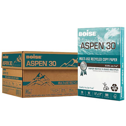 Boise ASPEN 30 Multi-Use Print & Copy Paper, Ledger Size 11" x 17", 92 Brightness, 20 Lb, 30% Recycled, FSC Certified, White, 500 Sheets Per Ream, Case Of 5 Reams