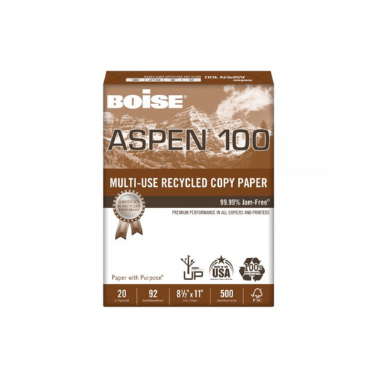 Boise ASPEN 100 Multi-Use Print & Copy Paper, Letter Size 8 1/2" x 11", 92 Brightness, 20 Lb, 100% Recycled, FSC Certified, White, Ream Of 500 Sheets