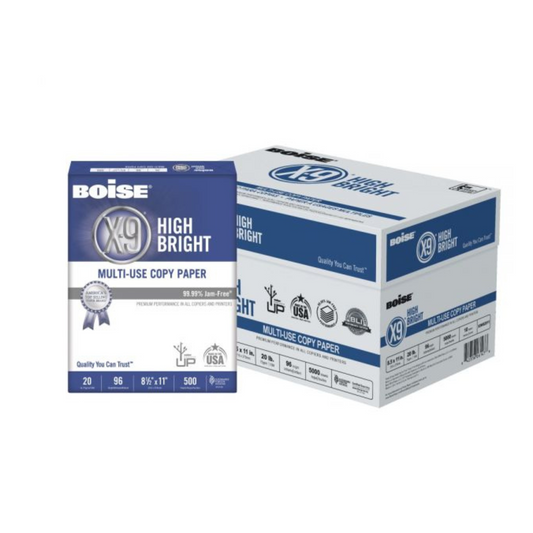 Boise X-9 High Bright Multi-Use Print & Copy Paper, Letter Size 8 1/2" x 11", 96 Brightness, 20 Lb, White, 500 Sheets Per Ream, Case Of 10 Reams