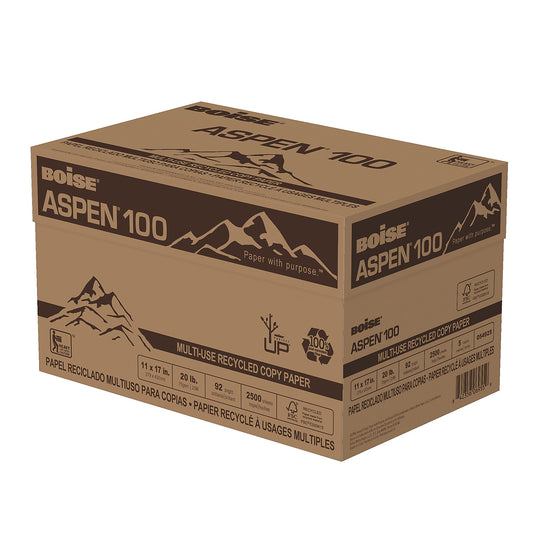 Boise ASPEN 100 Multi-Use Print & Copy Paper, Ledger Size 11" x 17", 92 Brightness, 20 Lb, 100% Recycled, FSC® Certified, White, 500 Sheets Per Ream, Case Of 5 Reams