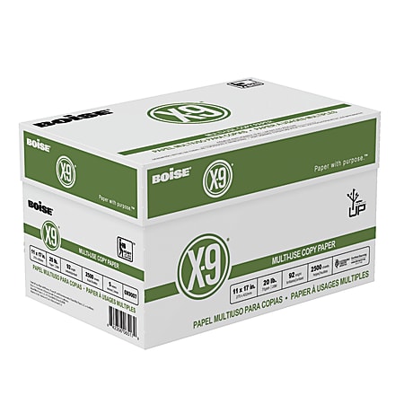 Boise X-9 Multi-Use Print & Copy Paper, Ledger Size 11" x 17", 92 Brightness, 20 Lb, White, 500 Sheets Per Ream, Case Of 5 Reams