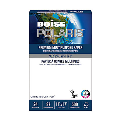 Boise POLARIS Premium Multipurpose Copy and Print Paper, Ledger Size 11" x 17", 92 Brightness, 24 Lb, FSC Certified, White, Ream Of 500 Sheets