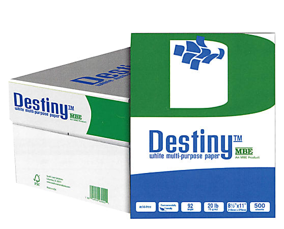 Destiny Multi-Use Print & Copy Paper, Letter Size 8 1/2" x 11", 92 Brightness, 20 Lb, White, 500 Sheets Per Ream, Case Of 10 Reams