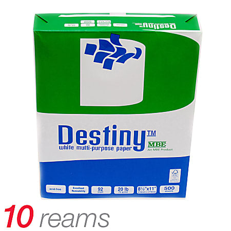 Destiny Multi-Use Print & Copy Paper, Letter Size 8 1/2" x 11", 92 Brightness, 20 Lb, White, 500 Sheets Per Ream, Case Of 10 Reams