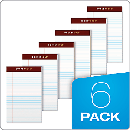 TOPS Docket Writing Tablet, 5" x 8", Jr. Legal Rule, White, 50 Sheets Per Pad, Pack Of 6 Pads