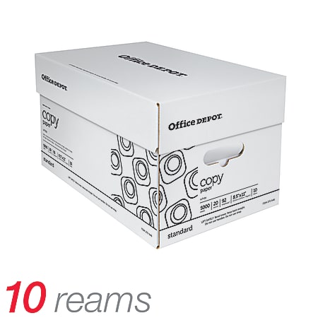 Office Depot Brand Copy Paper, Letter Size 8 1/2" x 11", 92 Brightness, 20 Lb, White, 500 Sheets Per Ream, Case Of 10 Reams