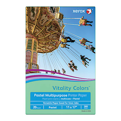 Xerox Vitality Colors Colored Multipurpose Copy and Print Paper, (GREEN), Ledger Size 11" x 17", 20 Lb, 30% Recycled, Ream Of 500 Sheets