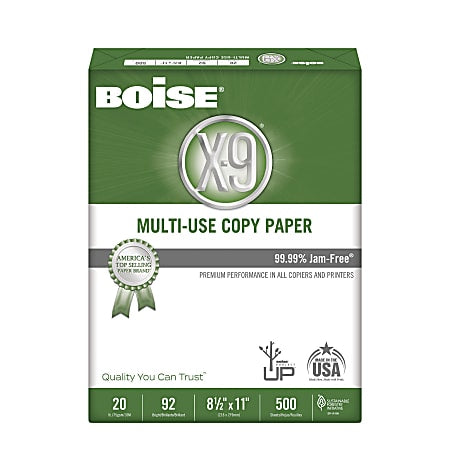 Boise X-9 Multi-Use Print & Copy Paper, Letter Size 8 1/2" x 11", 92 Brightness, 20 Lb, White, Ream Of 500 Sheets
