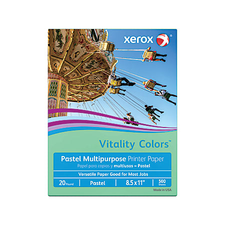 Xerox Vitality Colors Colored Multi-Use Print & Copy Paper, (GREEN), Letter Size 8 1/2" x 11", 20 Lb, 30% Recycled, Ream Of 500 Sheets