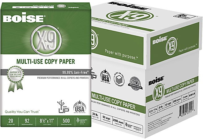 Boise X-9 Multi-Use Print & Copy Paper, Letter Size 8 1/2" x 11", 92 Brightness, 20 Lb, White, 500 Sheets Per Ream, Case Of 5 Reams