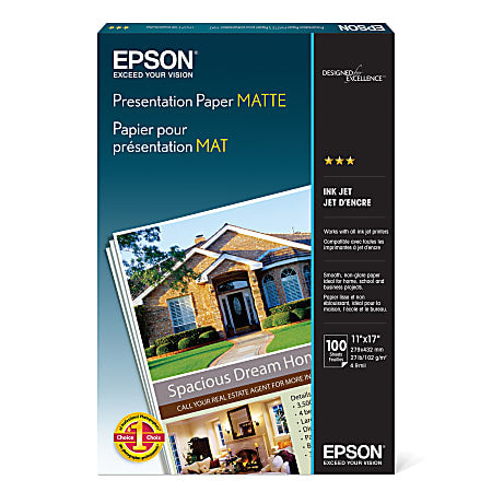 Epson Presentation Paper, Ledger Size 11" x 17", 27 Lb, Matte White, Pack Of 100 Sheets