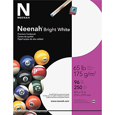 Neenah Bright Premium Card Stock Paper, Letter Size 8 1/2" x 11", 65 Lb, White, Pack Of 250 Sheets