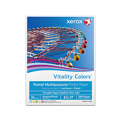 Xerox Vitality Colors Pastel Plus Colored Mulitpurpose Copy and Print Paper, (ASSORTED), Letter Size 8 1/2" x 11", 24 Lb, 30% Recycled, 1 Ream Of 500 Sheets