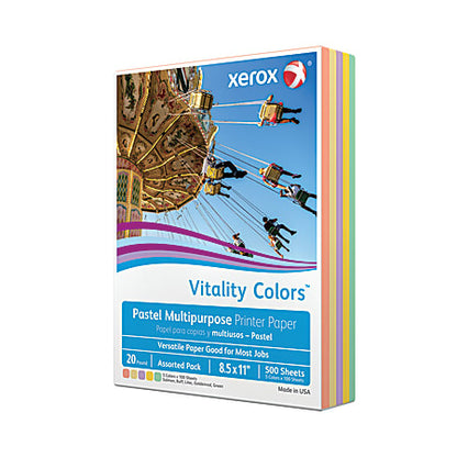 Xerox Vitality Colors Colored Multi-Use Print & Copy Paper (ASSORTED COLORS), Letter Size 8 1/2" x 11",  20 Lb, 30% Recycled, Ream Of 500 Sheets
