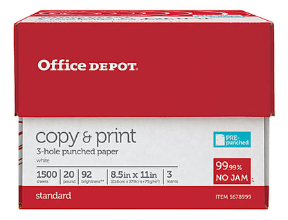 Office Depot Brand 3-Hole Punched Multi-Use Print & Copy Paper, Letter Size 8 1/2" x 11", 92 Brightness, 20 Lb, White, 500 Sheets Per Ream, Case Of 3 Reams